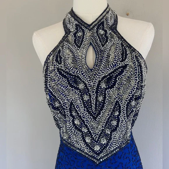 VTG LAURENCE KAZAR 90s 100% Silk Beaded Halter Gown Prom Formal Maxi Dress Sz S - Picture 4 of 16
